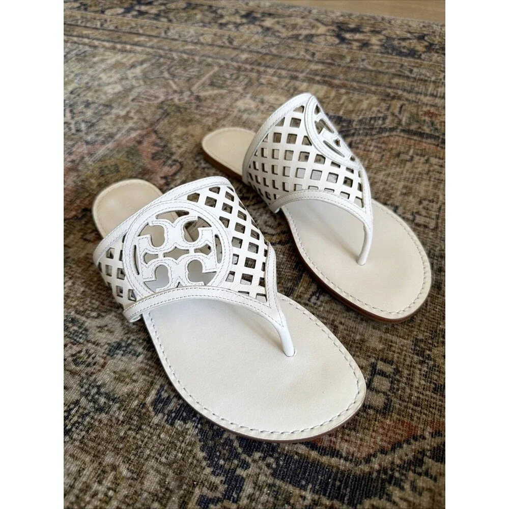 TORY BURCH Thatched Perforated Logo Serenity Thong Sandals Optic White 7.5 NWOB